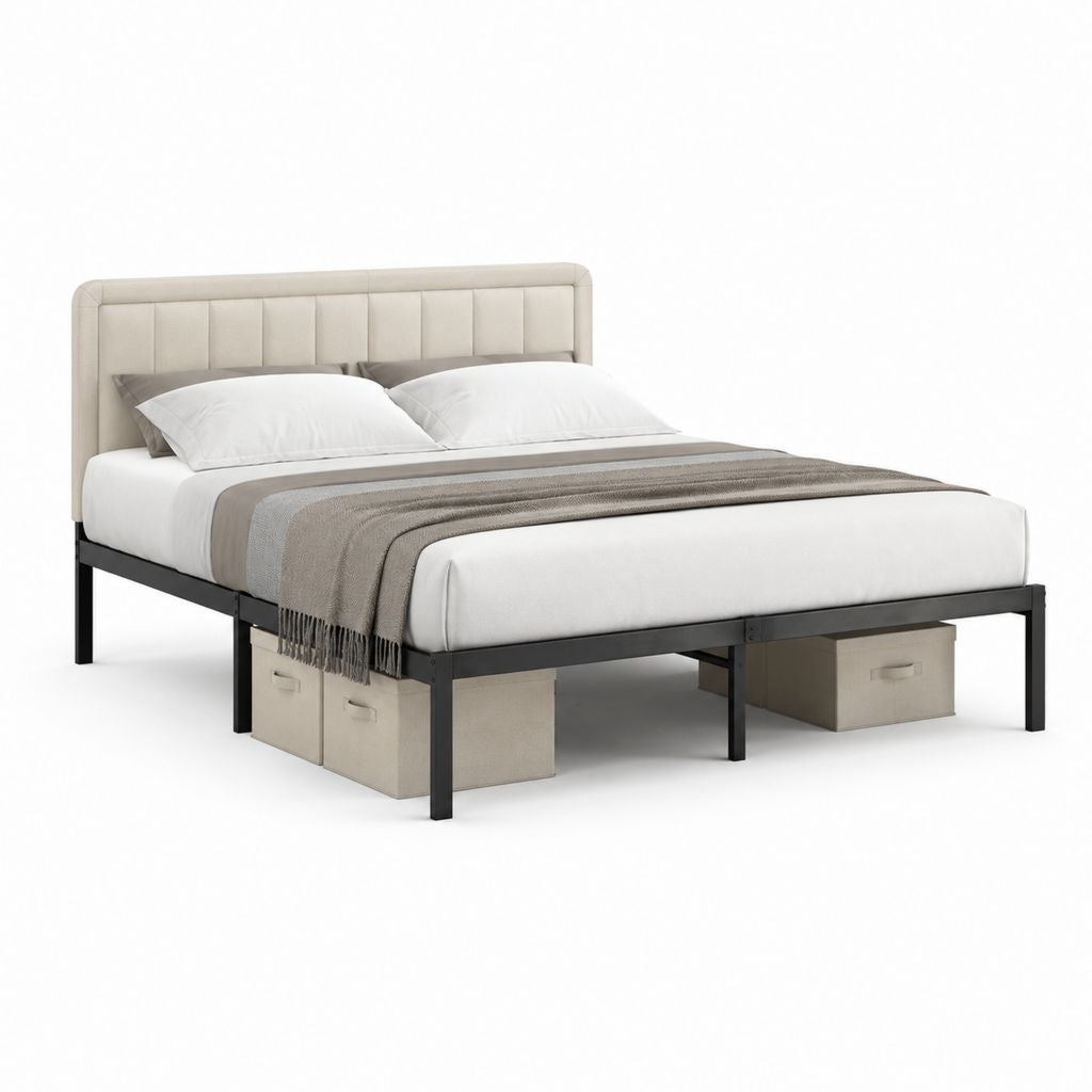 Letto matrimoniale 160 x 200 cm beige con struttura in acciaio e testiera imbottita