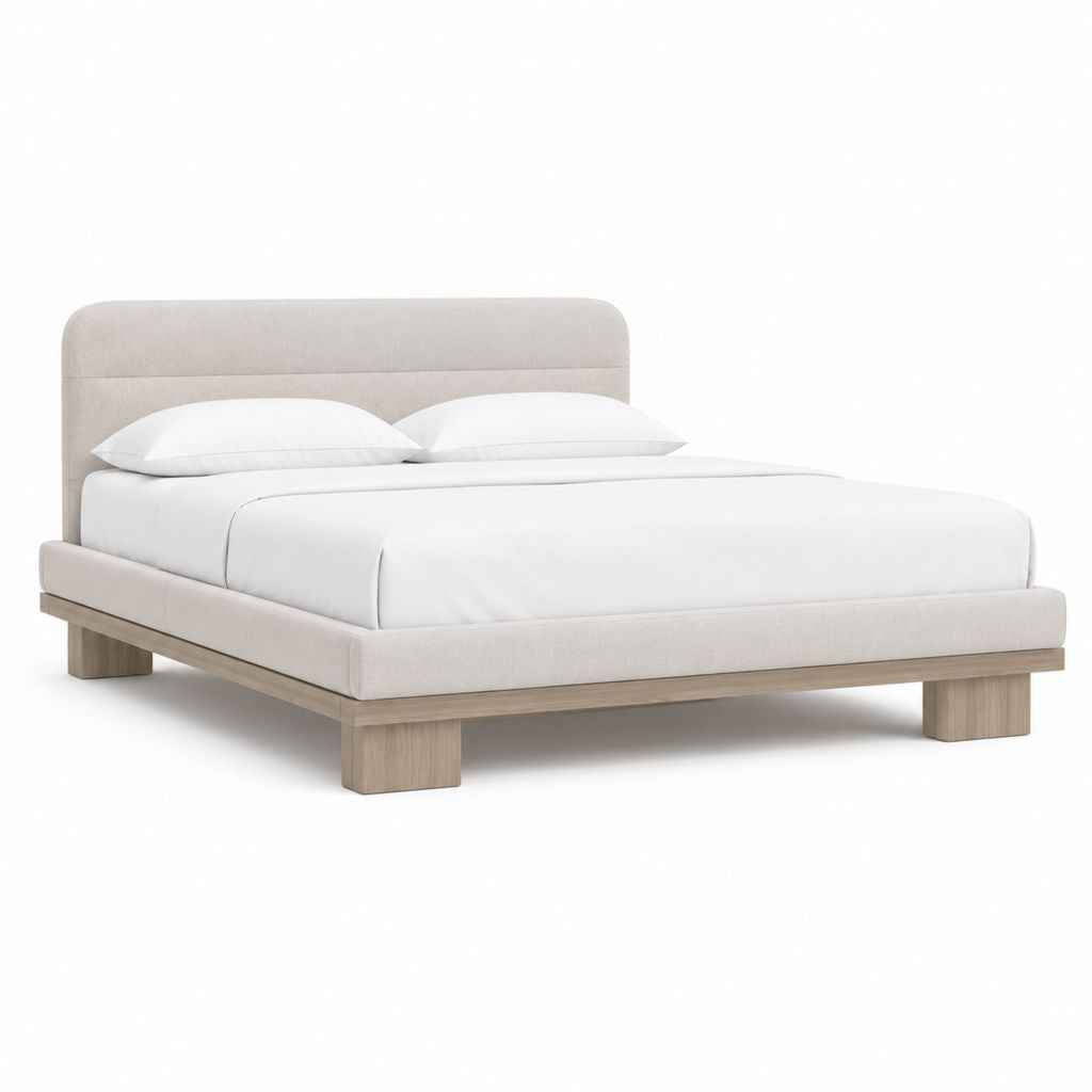 Letto matrimoniale imbottito beige con struttura in legno 170 x 215 cm per materasso 160 x 200 cm