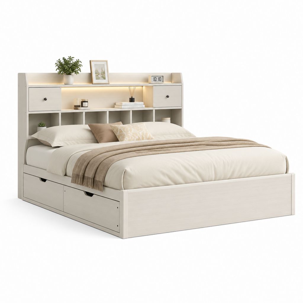 Letto matrimoniale contenitore bianco in truciolare laminato rettangolare 160 x 200 cm con testiera illuminata e cassetti