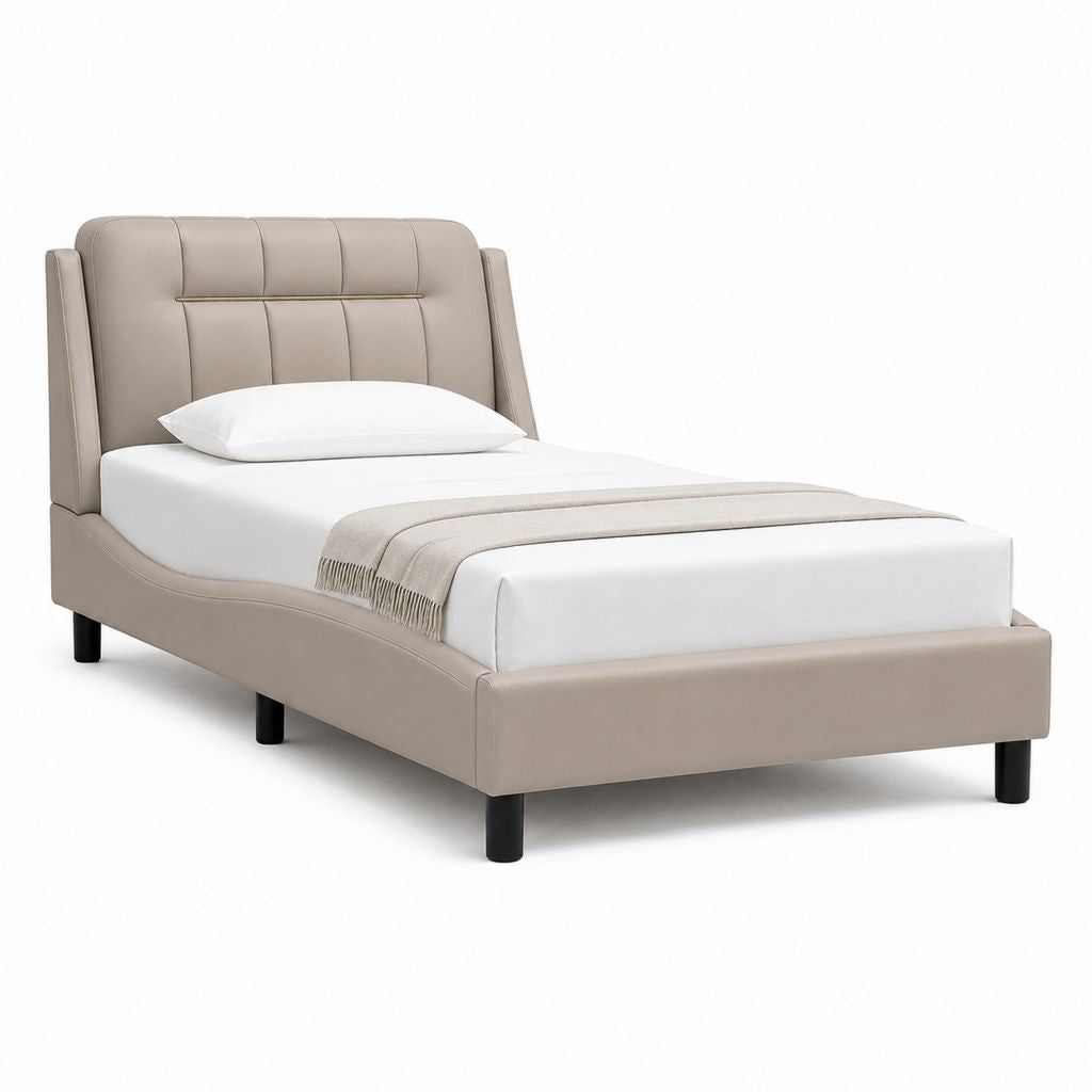 Letto una piazza e mezza rettangolare beige in pelle PU imbottita con testiera 120 x 190 cm
