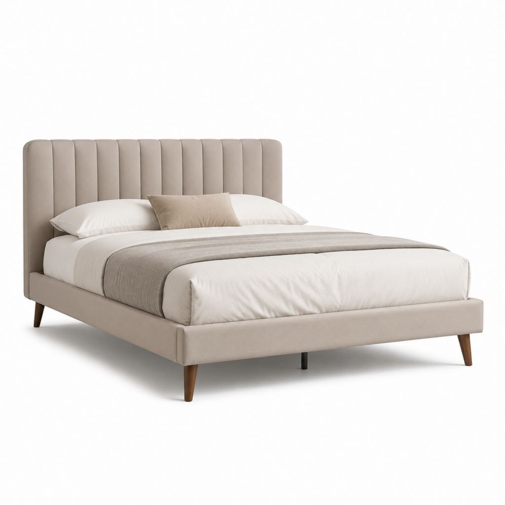 Letto matrimoniale imbottito beige in poliestere con testiera a pannelli verticali 160 x 200 cm