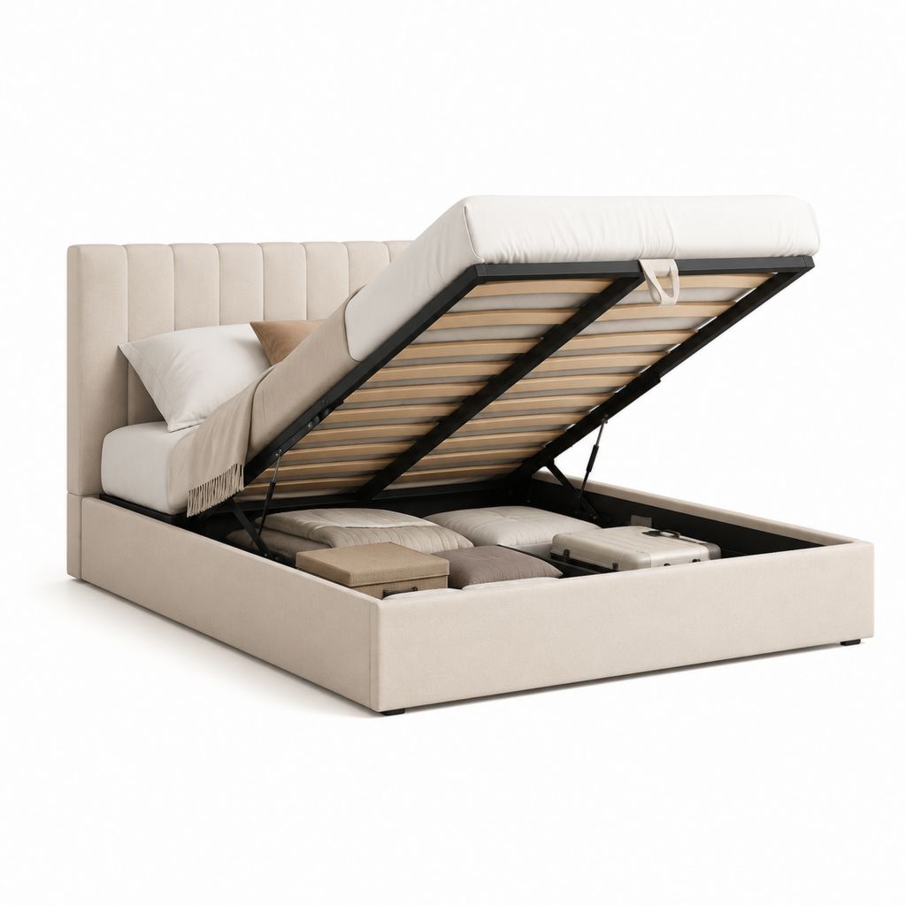 Letto contenitore matrimoniale beige in poliestere con rete a doghe 160 x 200 cm