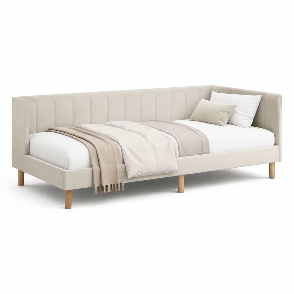 Letto singolo imbottito beige in poliestere con struttura rettangolare 90 x 200 cm