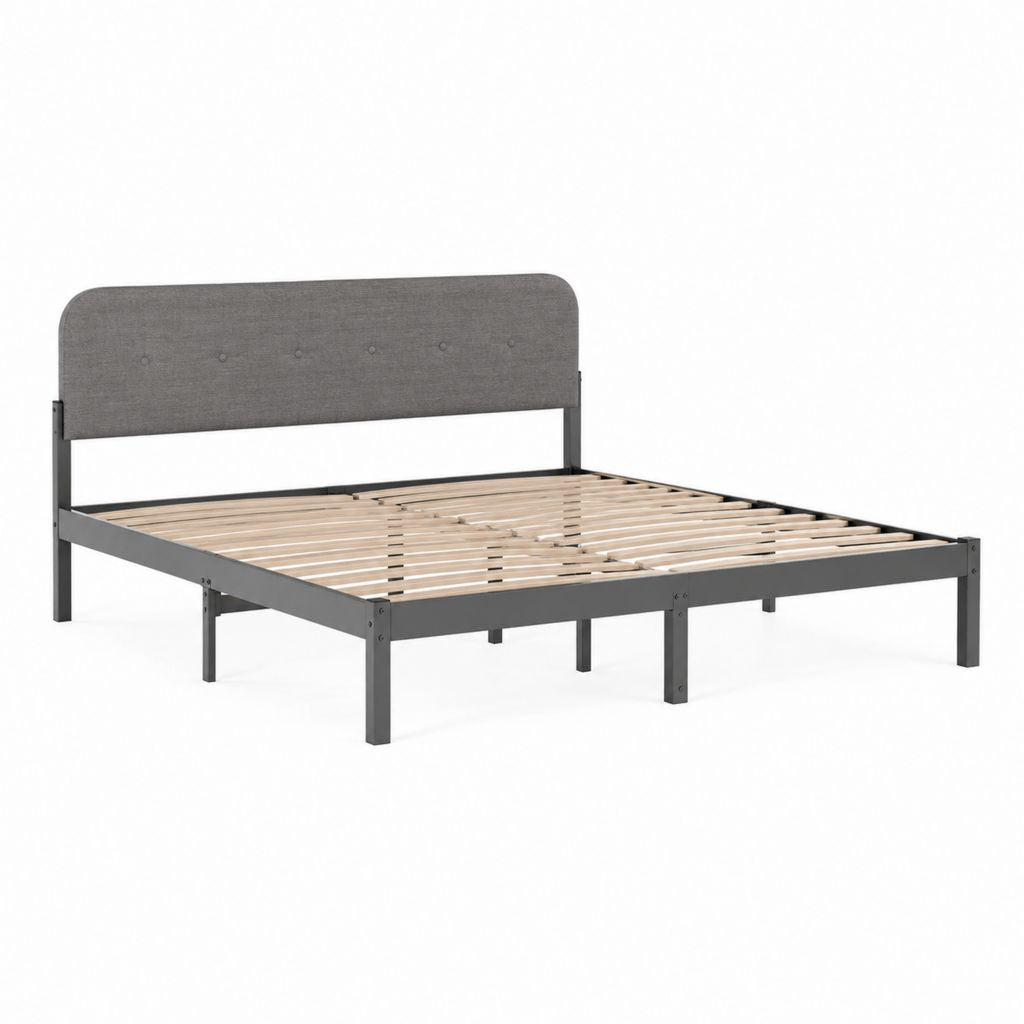Letto matrimoniale con testiera grigio scuro in poliestere e struttura in acciaio 160 x 200 cm