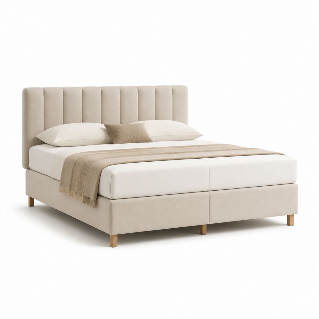 Letto matrimoniale imbottito beige in poliestere con testiera rettangolare 160 x 200 cm