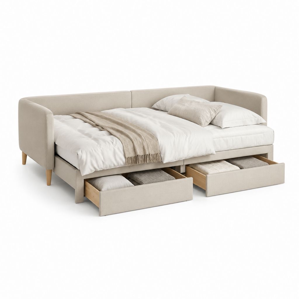 Divano letto matrimoniale beige in poliestere rettangolare 220 x 160 x 82 cm con 2 cassetti