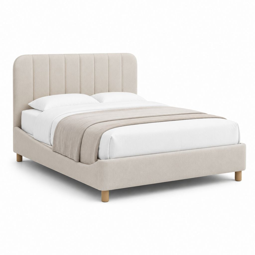 Letto matrimoniale imbottito beige in poliestere con testiera arrotondata 160 x 200 cm