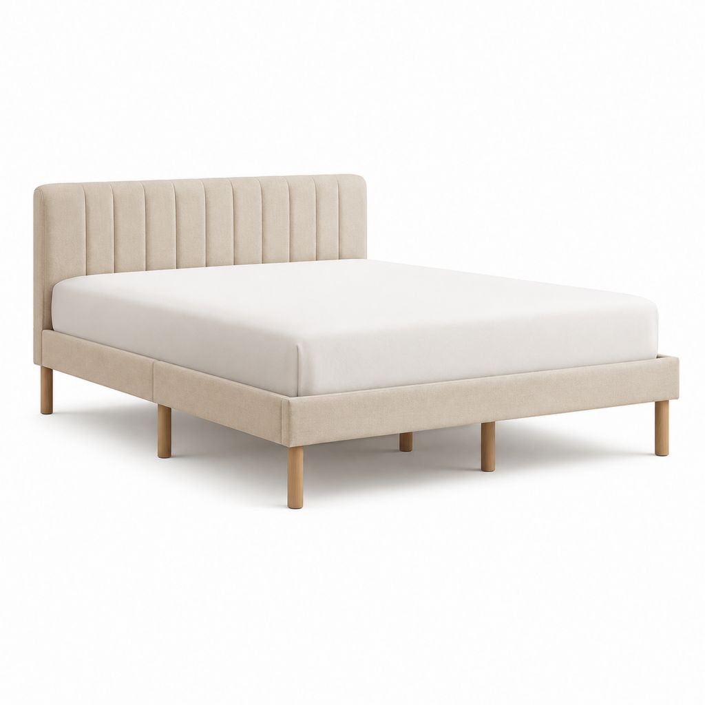 Letto matrimoniale imbottito beige in poliestere con testiera a pannelli verticali 160 x 200 cm