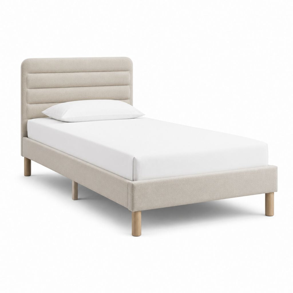 Letto singolo con testiera imbottita beige in poliestere rettangolare per materasso 90 x 200 cm 100 x 210 x 110 cm