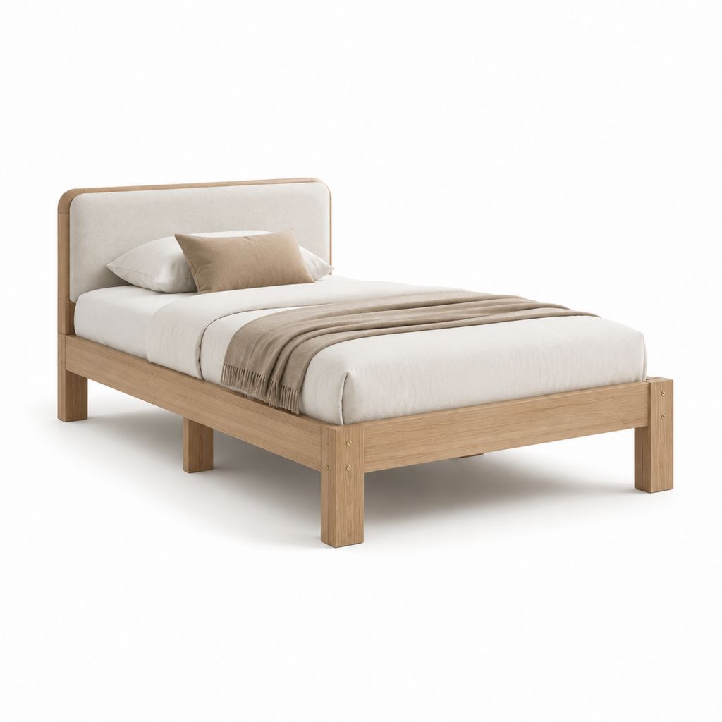 Letto matrimoniale con struttura in rovere chiaro e testiera imbottita beige 160 x 200 cm
