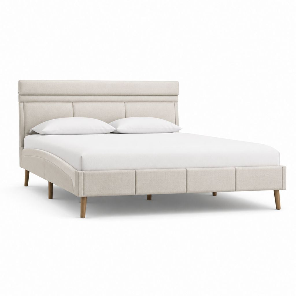Letto matrimoniale imbottito beige in poliestere con testiera rettangolare 160 x 200 cm