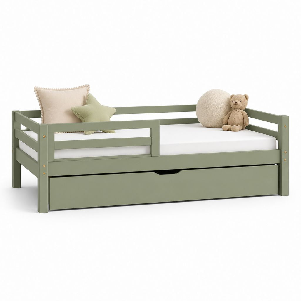 Letto per bambini rettangolare con sponde e cassetto verde salvia in legno massello di pino 145 x 75 x 60 cm per materasso 140 x 70 cm