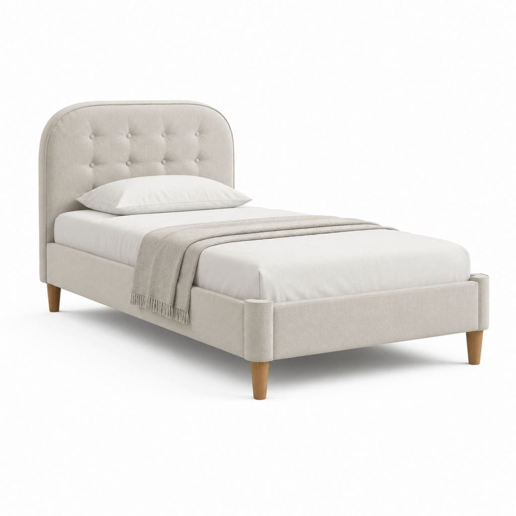 Letto singolo imbottito beige in poliestere con testiera capitonné 90 x 190 cm