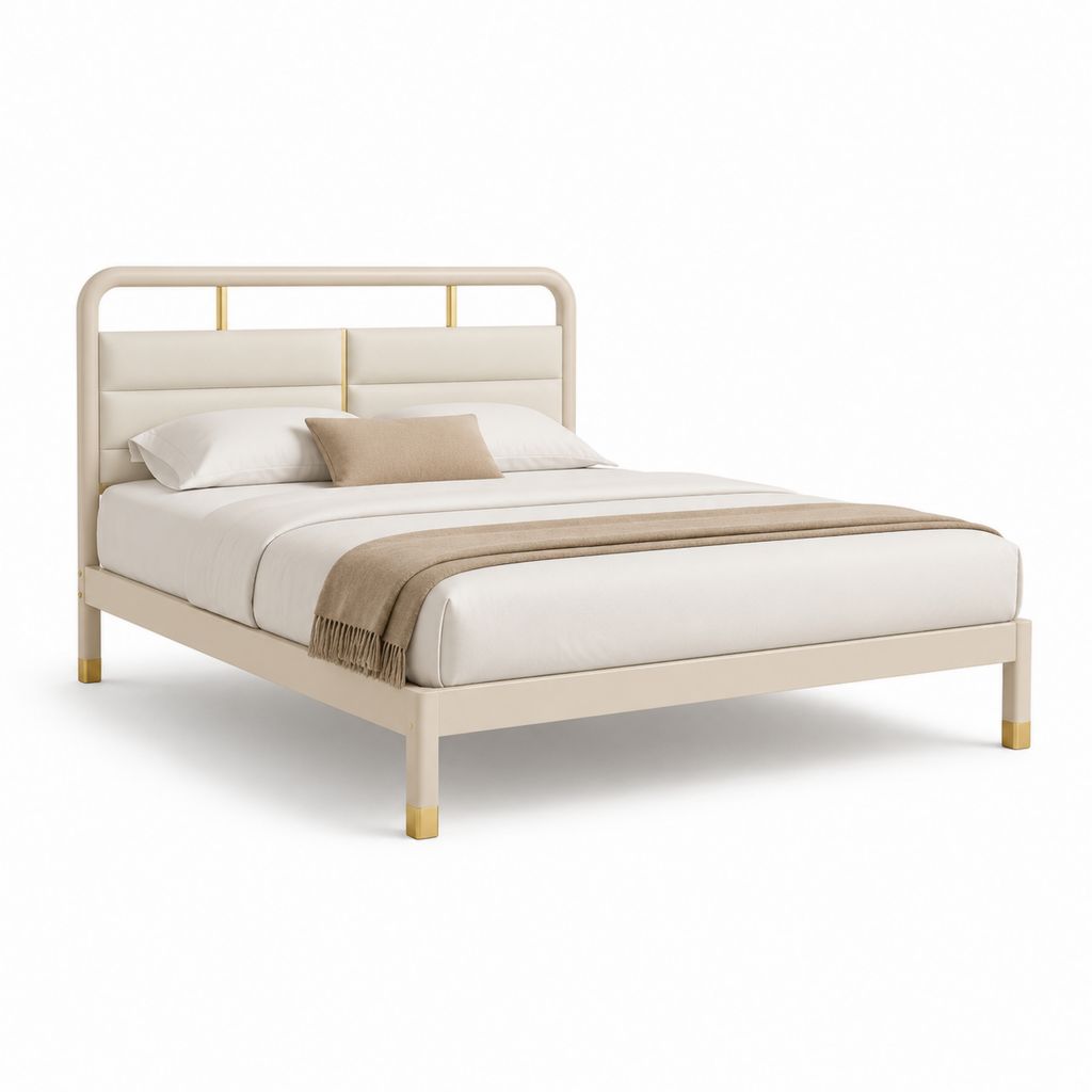 Letto matrimoniale con struttura rettangolare avorio in acciaio e testiera imbottita 160 x 200 cm
