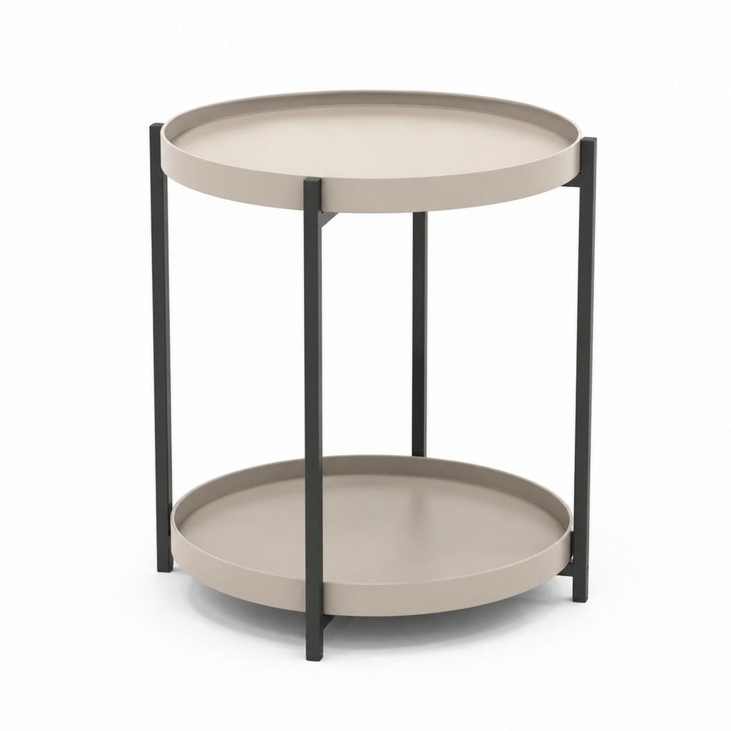 Tavolino laterale rotondo beige e nero in acciaio con doppio ripiano Ø45 x 55 cm