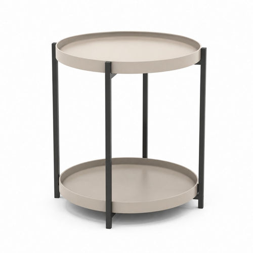 Tavolino laterale rotondo beige e nero in acciaio con doppio ripiano Ø45 x 55 cm