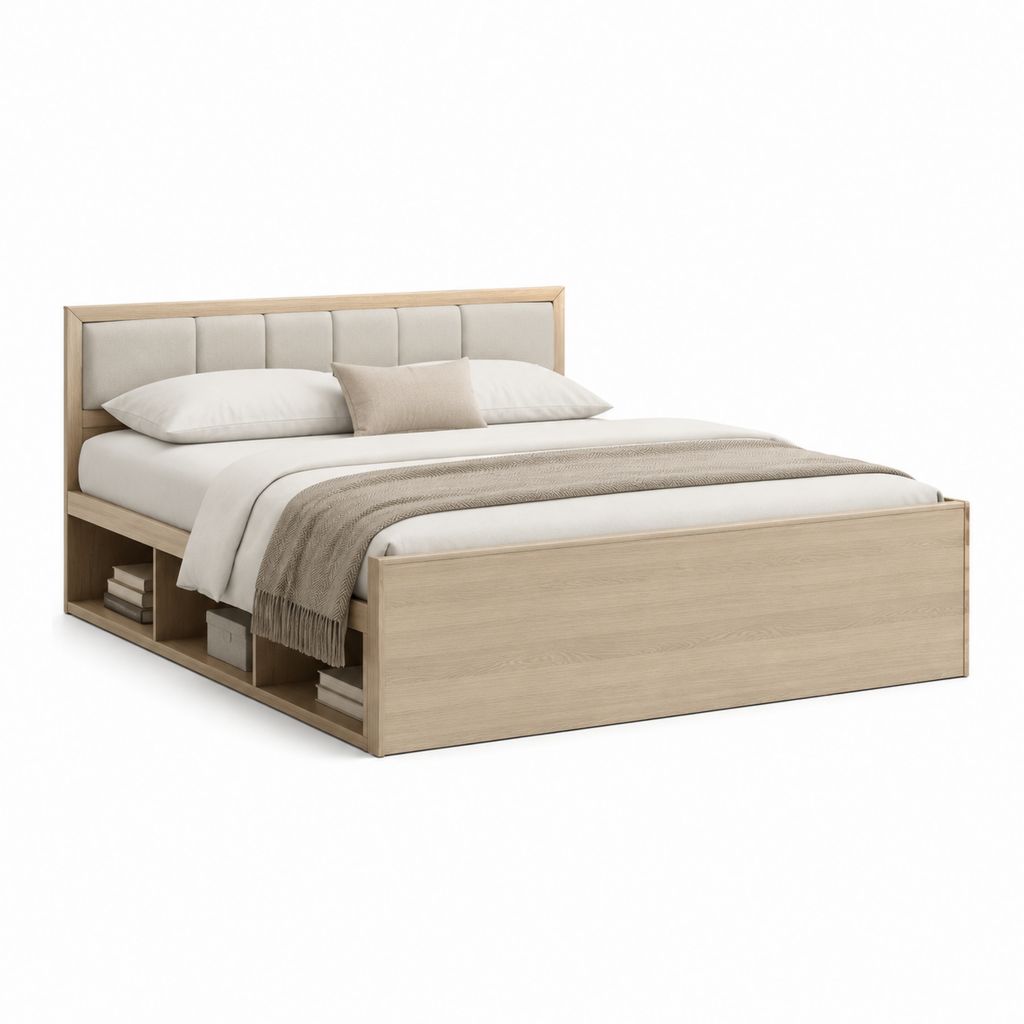 Letto matrimoniale rettangolare con ripiani laterali rovere chiaro in MDF 160 x 200 cm 210 x 170 x 110 cm
